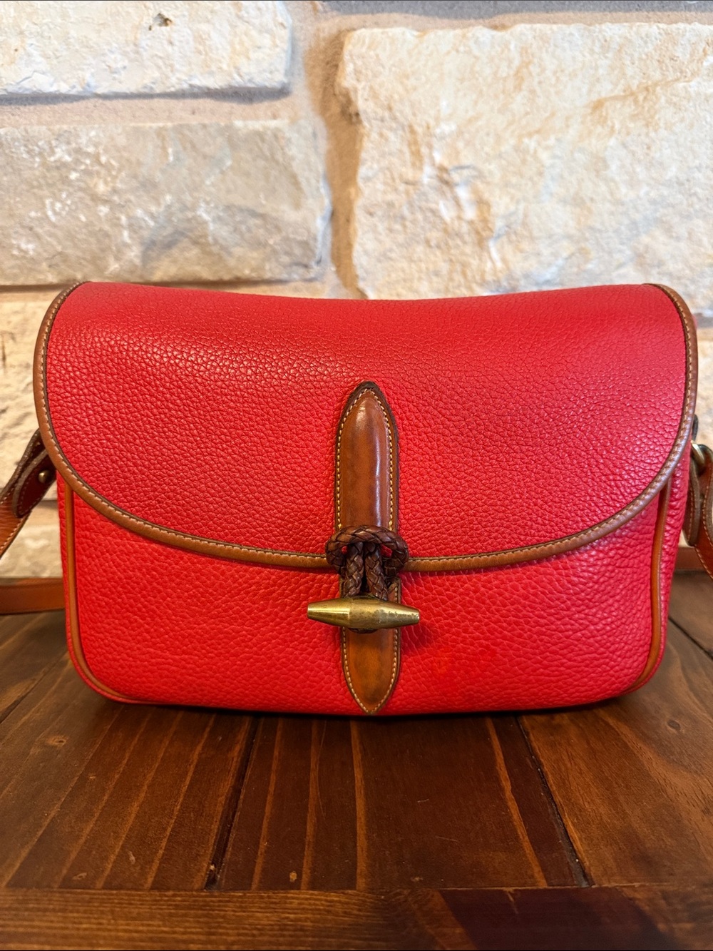 Vintage Dooney & Bourke Red & British Tan leather Loden Shoulder Bag
